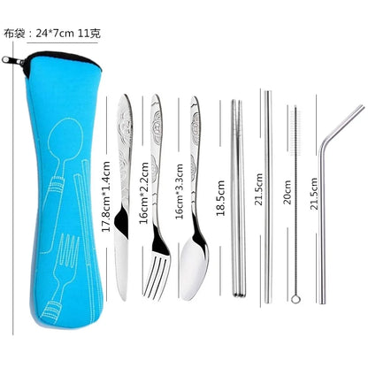 Ensemble de couverts de voyage en acier inoxydable 7 pièces – Couteau, fourchette, cuillère, baguettes et paille portables avec sac de transport pour le camping en plein air, les pique-niques, l'école et les repas quotidiens