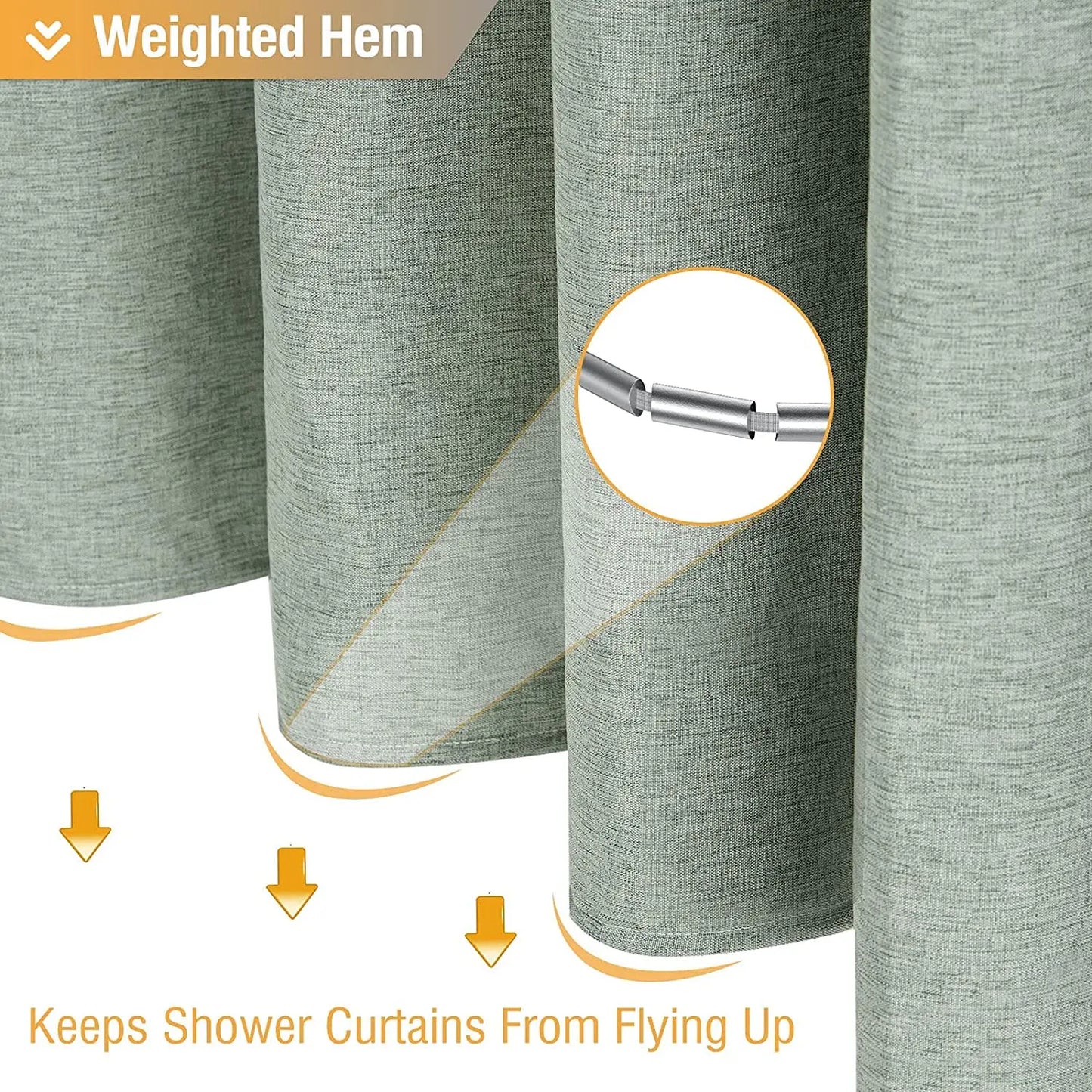 Cortina de ducha de lino de lujo – Cortina de baño de tela impermeable con ganchos de metal