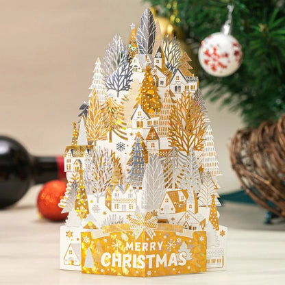 3D Christmas Greeting Card – Hot Stamped Laser Engraved Pop-Up Paper Card for Xmas, New Year, Thank You & Friends