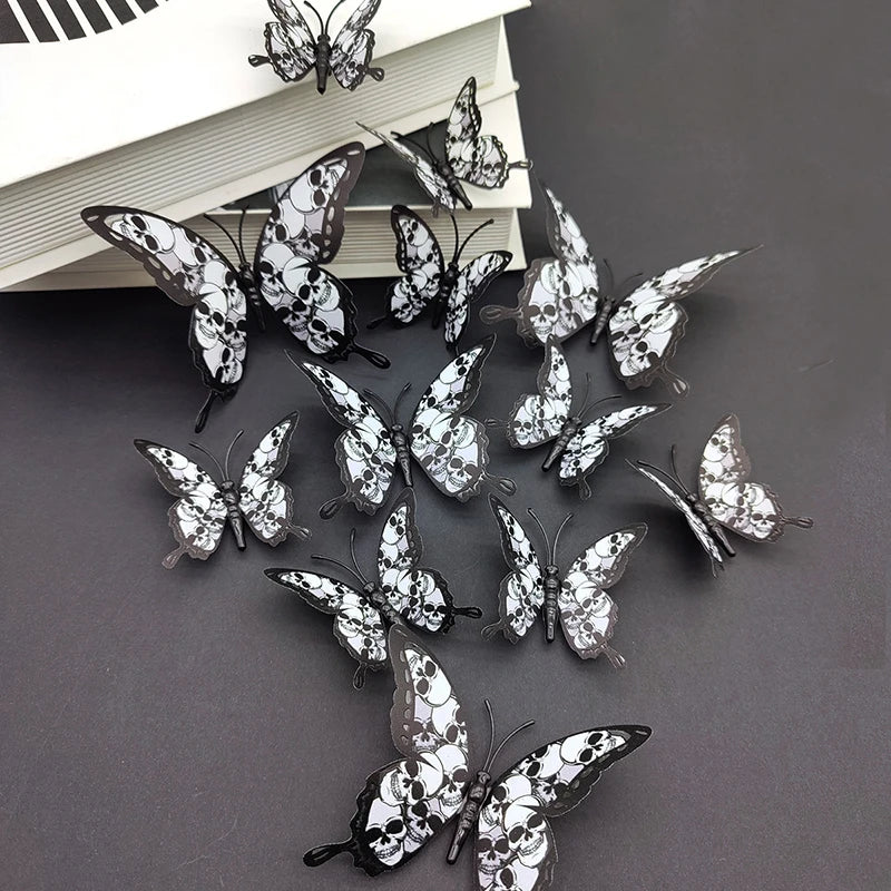 12PCS 3D Blood Rose Butterfly Halloween Wall Stickers, Double-Layer PVC Butterflies, Self-Adhesive Gothic Wall Decals, Spooky Party Decorations, Halloween Home Decor