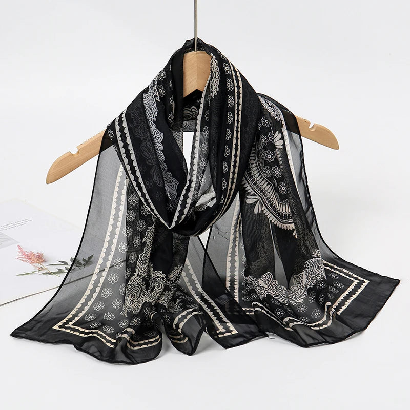 Women's Printed Chiffon Scarf Shawl – Lightweight Silk-Feel Long Wrap for Beach, Travel & Outdoor Wear, Fashion Headband Accessory