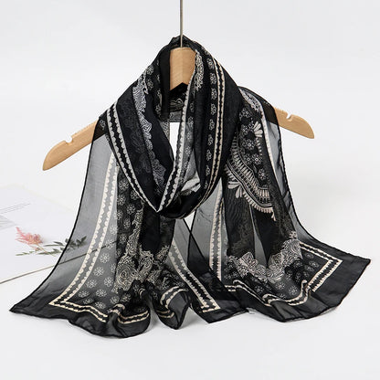 Women's Printed Chiffon Scarf Shawl – Lightweight Silk-Feel Long Wrap for Beach, Travel & Outdoor Wear, Fashion Headband Accessory