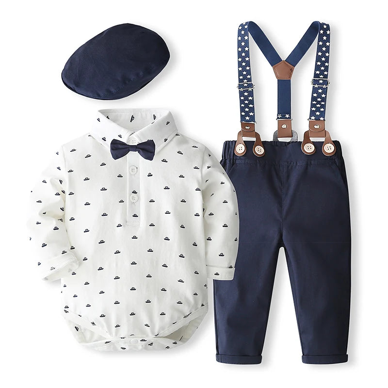 Baby Boy Gentleman Formal Outfit Set – Solid Romper with Matching Hat, Cotton First Birthday Costume for Infants & Toddlers 0-24 Months