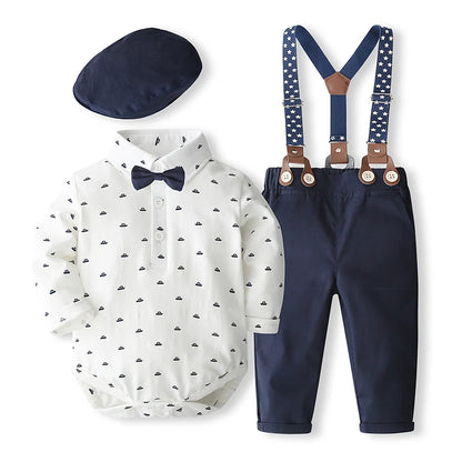 Baby Boy Gentleman Formal Outfit Set – Solid Romper with Matching Hat, Cotton First Birthday Costume for Infants & Toddlers 0-24 Months