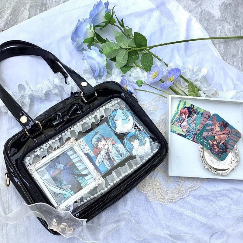 Bolso Y2K lindo con moño Ita – Bolso de hombro transparente para mujer y niña, bolso tote de exhibición de insignias DIY, bolso bandolera de moda Lolita con diseño de moño Kawaii