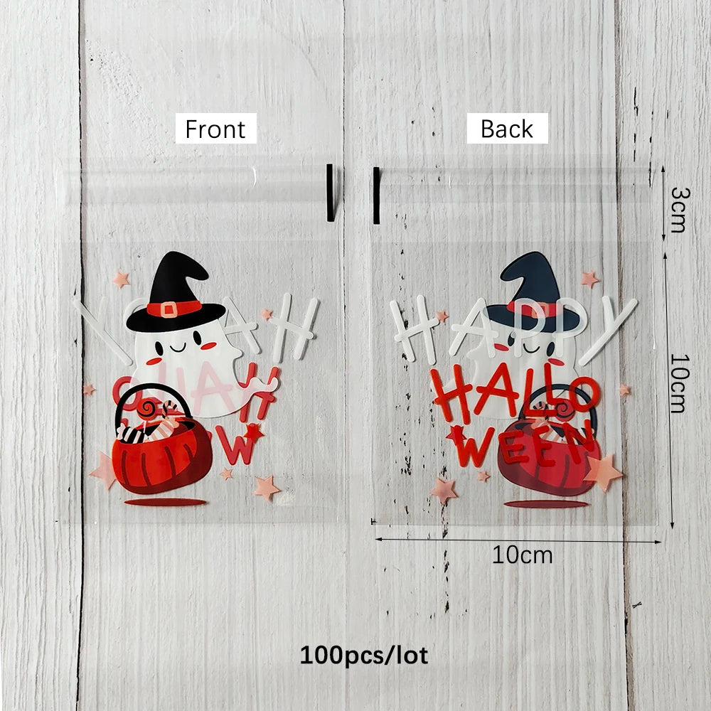 100PCS Halloween Candy Bags, Plastic Gift Packaging Bags with Ghost Pumpkin and Spider Prints, Trick or Treat Goodie Bags, Halloween Party Favors and Decorations