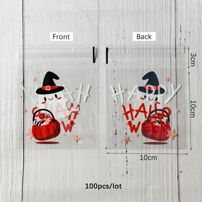 100PCS Halloween Candy Bags, Plastic Gift Packaging Bags with Ghost Pumpkin and Spider Prints, Trick or Treat Goodie Bags, Halloween Party Favors and Decorations