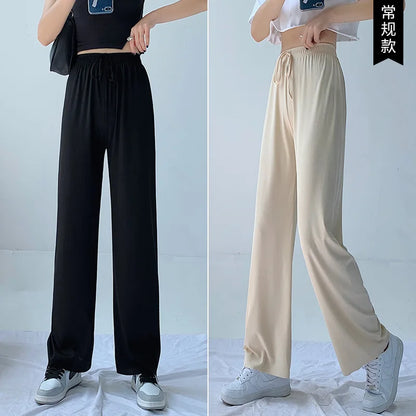 Plus Size Women's Ice Silk Wide-Leg Pants – High-Waist Lightweight Casual Trousers for Summer Sports & Everyday Wear