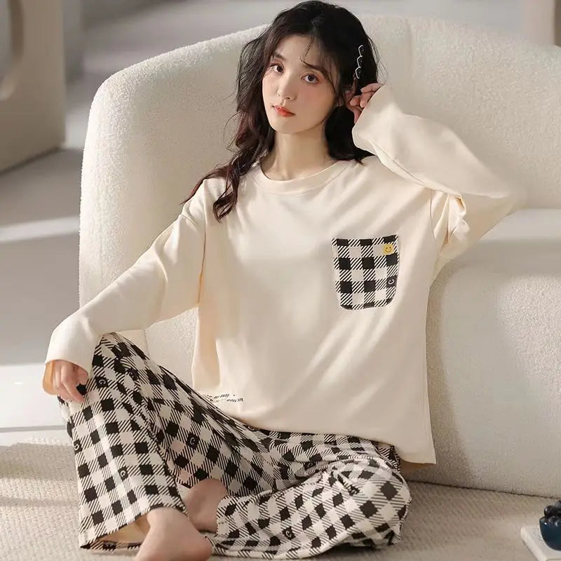Women's Spring & Fall Pajama Set – Cute Cartoon Long-Sleeve Lightweight Sleepwear for Girls, Students & Homewear