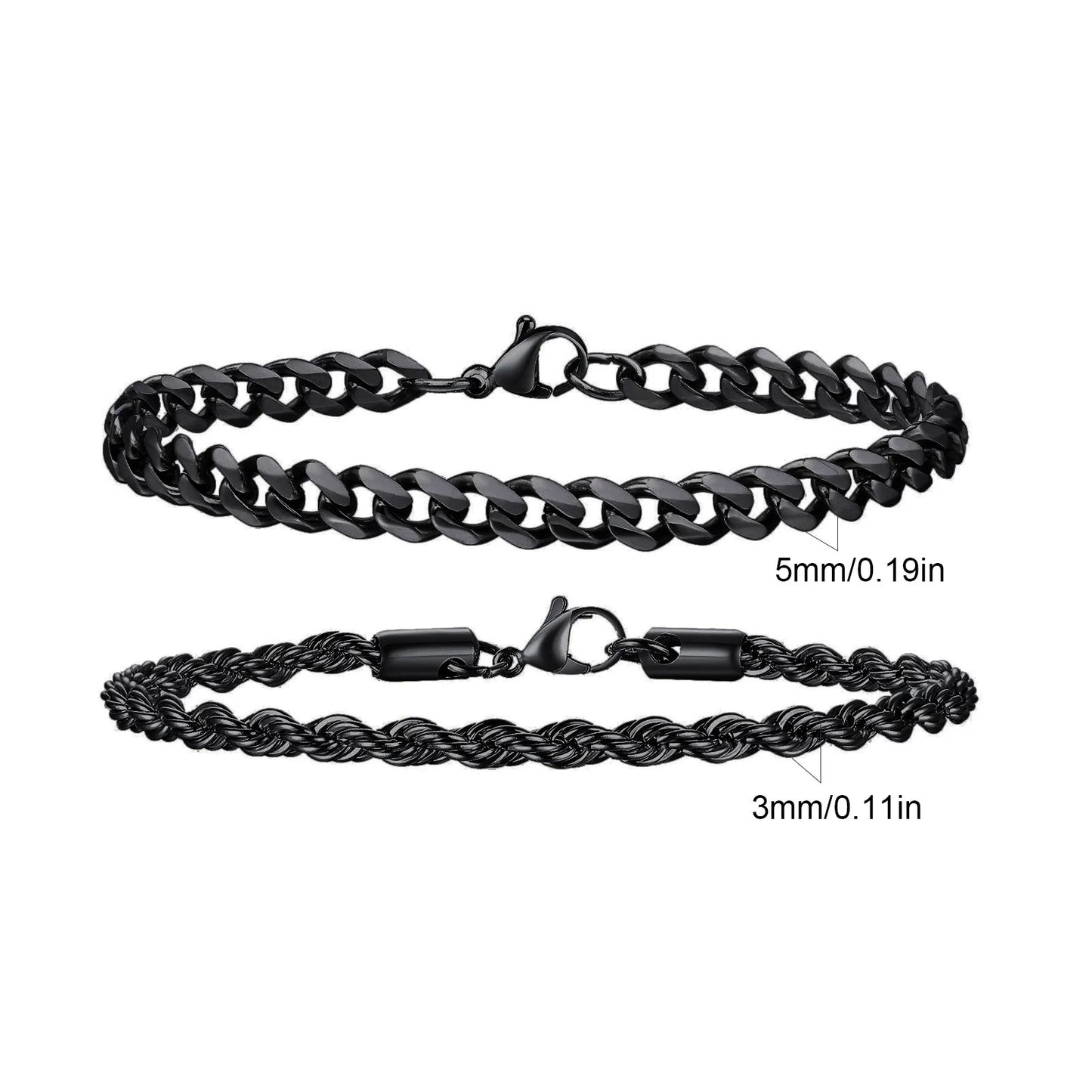 2-Piece Men's Chain Bracelet Set – Stainless Steel Twist Rope & Cuban Link Wristbands in Silver, Gold & Black | Fashion Jewelry Gift