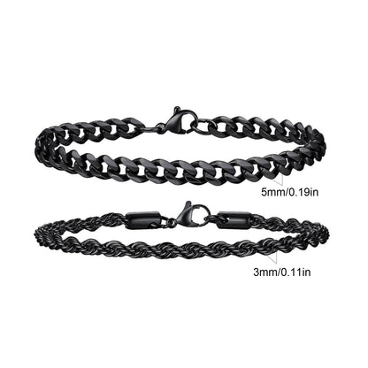 2-Piece Men's Chain Bracelet Set – Stainless Steel Twist Rope & Cuban Link Wristbands in Silver, Gold & Black | Fashion Jewelry Gift