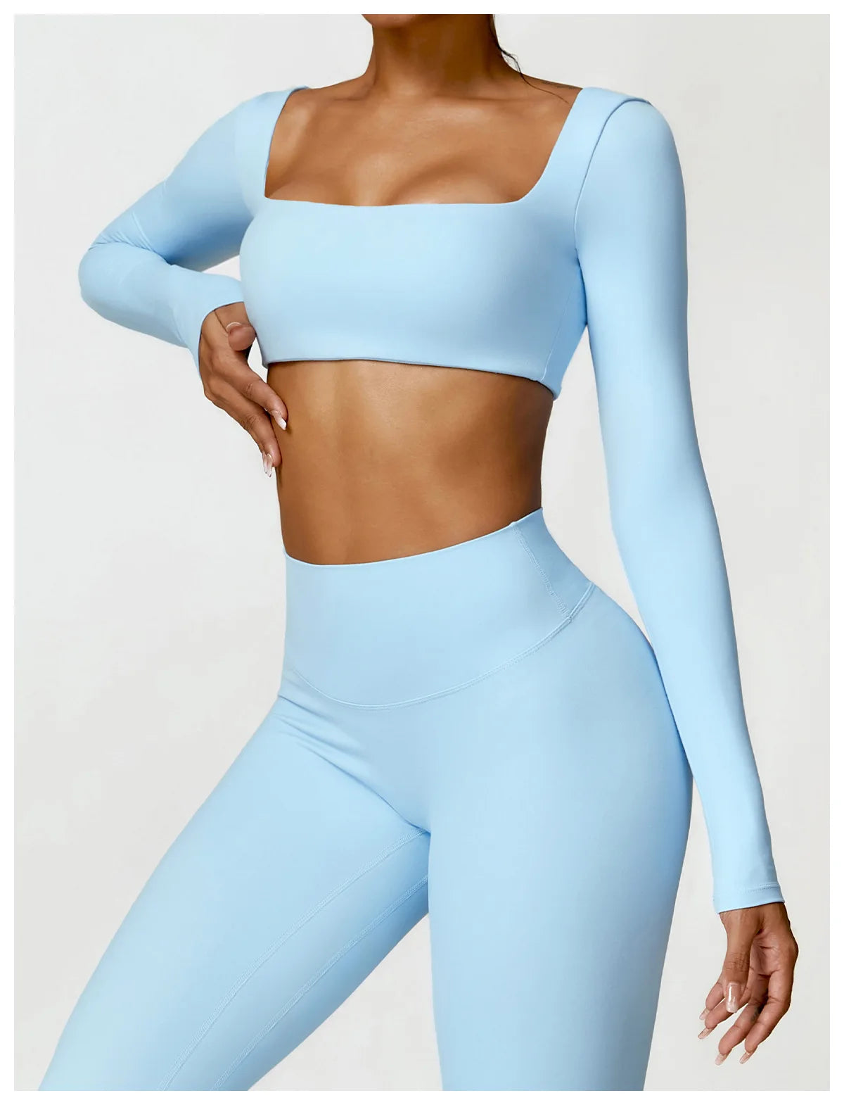 Women’s Square Neck Sports Crop Top – Long Sleeve Quick-Dry Gym Yoga Fitness Activewear