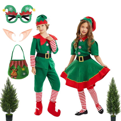 Kids Green Christmas Elf Costume Set, Boys and Girls Santa Claus Cosplay Fancy Dress, Festive Holiday Outfit for Xmas Parties, Carnival Events, Halloween and Christmas Celebrations