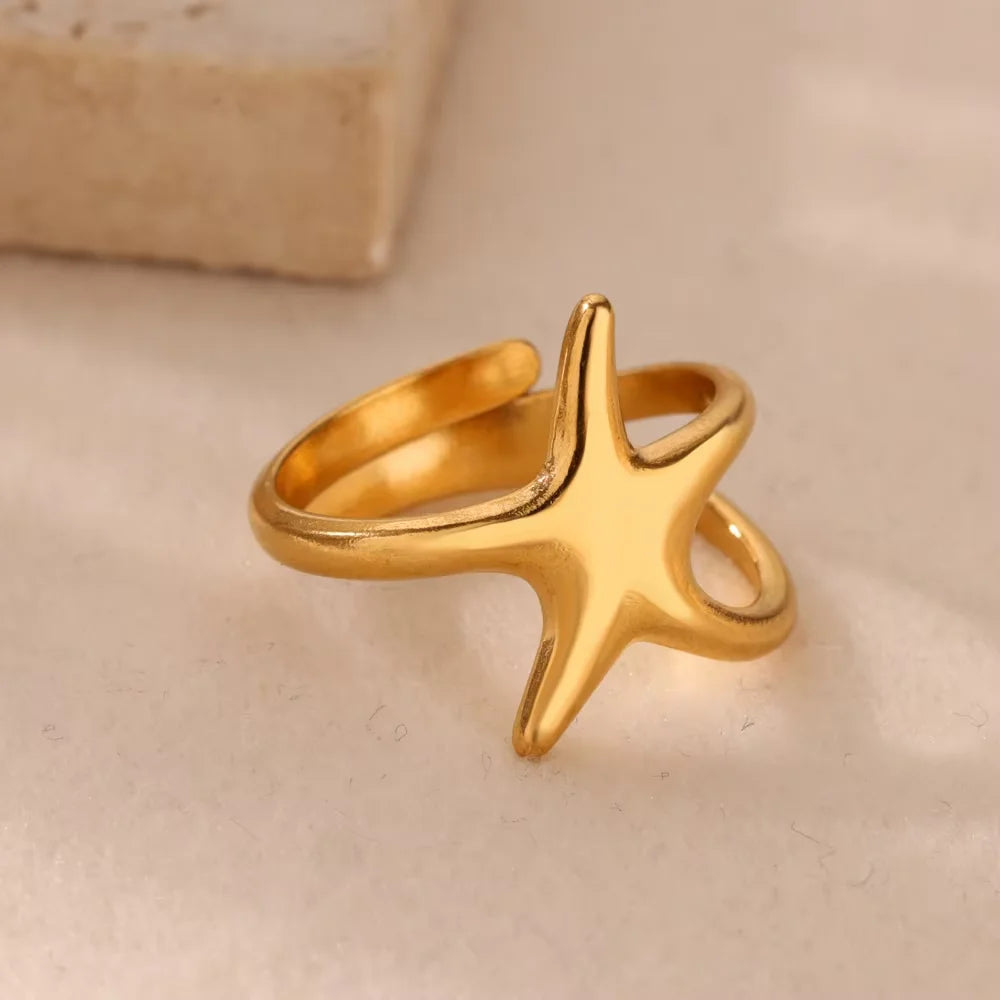 Gold Stainless Steel Starfish & Shell Ring – Adjustable Waterproof Beach-Inspired Ring for Women