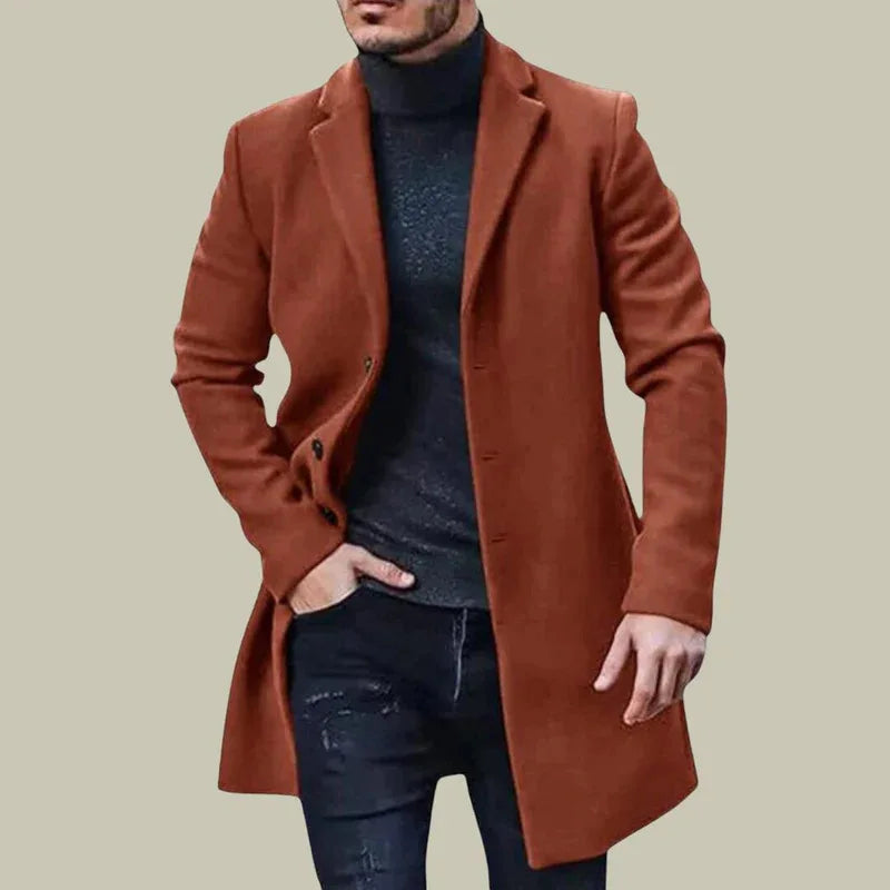 Men’s Mid-Length Woolen Overcoat – Solid Color Warm Coat, Classic Windbreaker-Style Outerwear Available in Multiple Colors
