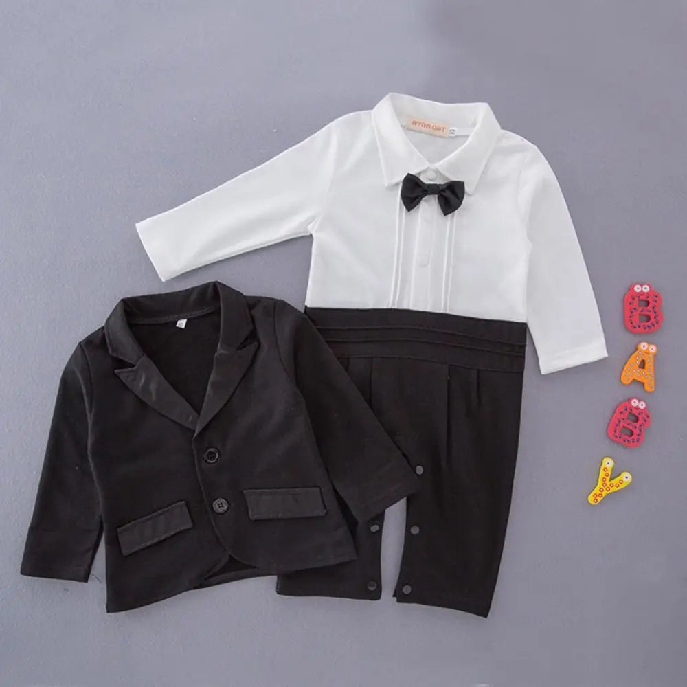 2PCS Baby Boy Gentleman Tuxedo Outfit Set – Black Striped Vest Romper with Bow Tie, Formal Suit Costume for Birthday, Parties & Special Occasions