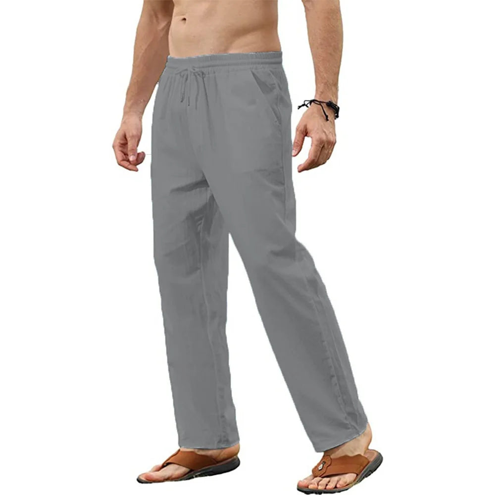 Men's Cotton Linen Drawstring Pants – Breathable Loose Fit Casual Jogger Trousers for Yoga, Beach & Everyday Wear
