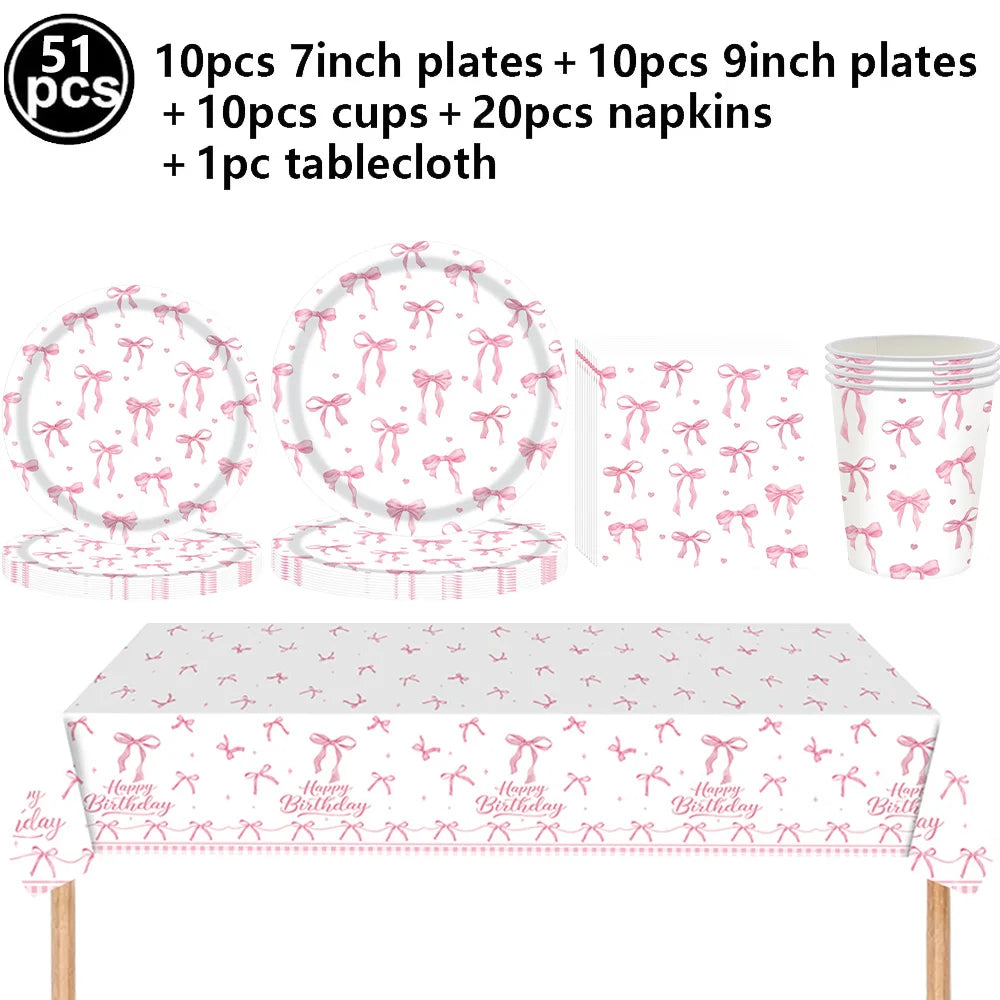 Kit de Fête d'Anniversaire Rose – Thème Princesse Bannière, Ballons Nœud, Pailles, Assiettes en Papier Jetables, Serviettes et Gobelets Vaisselle Décorations pour Fêtes d'Anniversaire de Filles