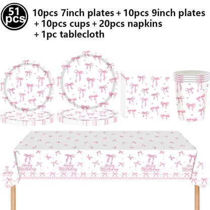 Kit de Fête d'Anniversaire Rose – Thème Princesse Bannière, Ballons Nœud, Pailles, Assiettes en Papier Jetables, Serviettes et Gobelets Vaisselle Décorations pour Fêtes d'Anniversaire de Filles