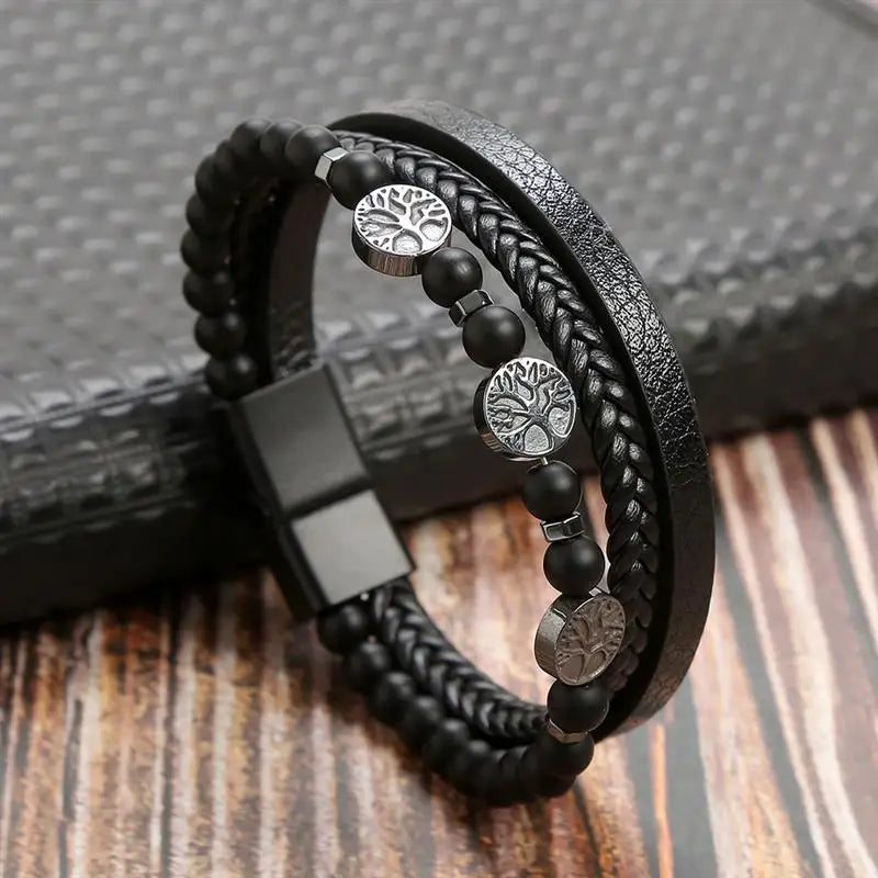Pulsera de cuero clásica para hombre – Pulsera multicapa tejida a mano para hombre | Accesorio de joyería de moda casual, regalo