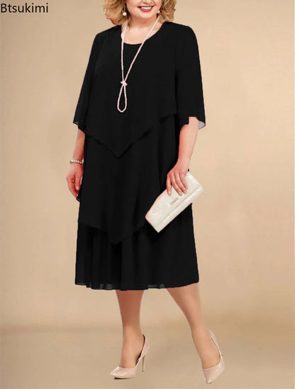 Plus Size Women's Chiffon Midi Dress – Elegant Irregular Layered Hem Flowy O-Neck Dress for Summer Parties & Weddings