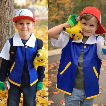 Pokémon Ash Ketchum Inspired Cosplay Costume – Unisex Trainer Outfit Set for Boys & Girls with Jacket, Pants, Hat & Accessories for Halloween, Convention & Roleplay Events
