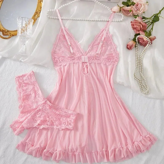 Camisón de satén con cuello de pico y encaje para mujer – Suave vestido de dormir de satén, ropa de dormir y de salón cómoda de largo completo