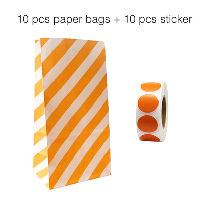 10PCS Stand-Up Colorful Gift Bags with Stickers – Solid, Striped & Polka Dot Treat Bags for Wedding, Birthday & Party Favors (18×9×6cm)