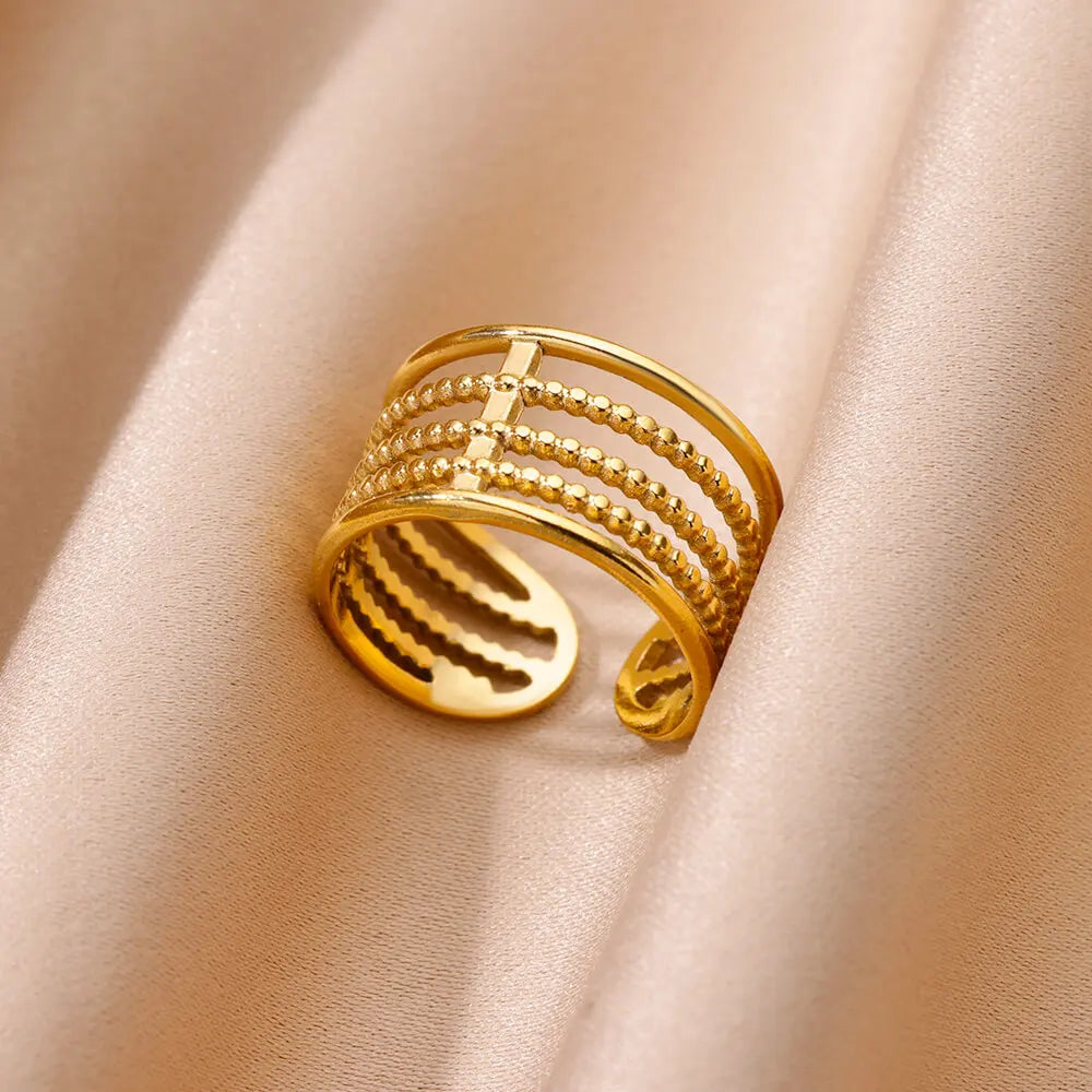 Anillo abierto grueso dorado vintage – Anillo llamativo geométrico de acero inoxidable para mujer