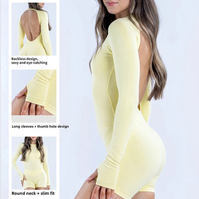 Denyf Women’s Activewear Bodysuit – Backless One Piece Long Sleeve Seamless High Stretch Yoga, Run & Gym Fitness Suit