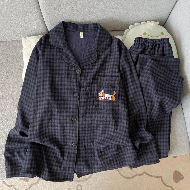 Pijama de 2 piezas a cuadros con bordado de perro para mujer - Estilo coreano, suave, de manga larga, ropa de dormir y de estar para otoño
