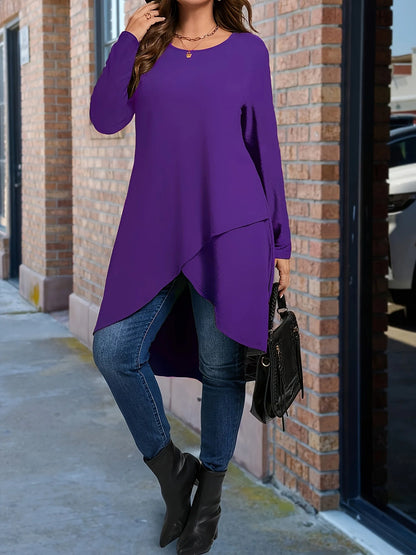 Plus Size Women's Asymmetrical Hem Long Sleeve Top – Elegant Round Neck Solid Color Casual Pullover Shirt