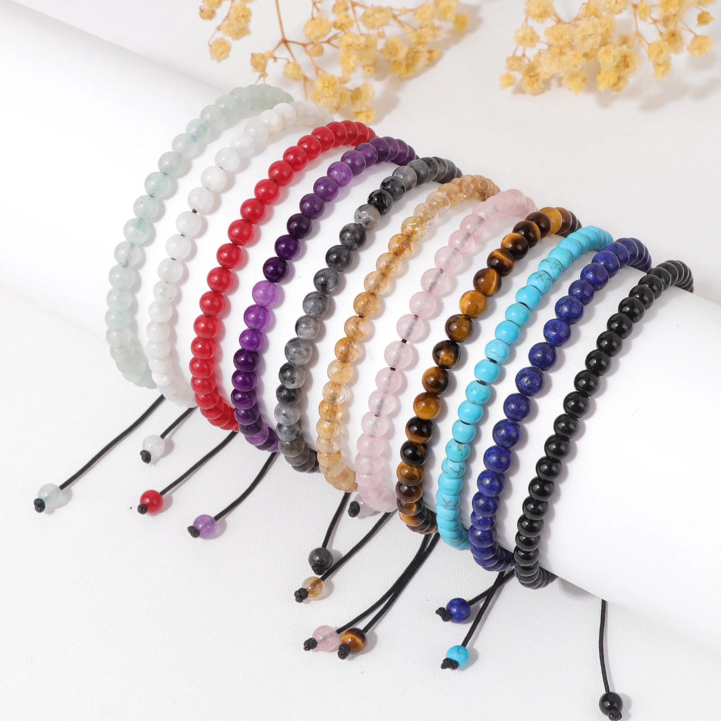 Bracelet perles de tourmaline noire naturelle – Bracelet ajustable tressé en corde avec carte cadeau pour hommes et femmes