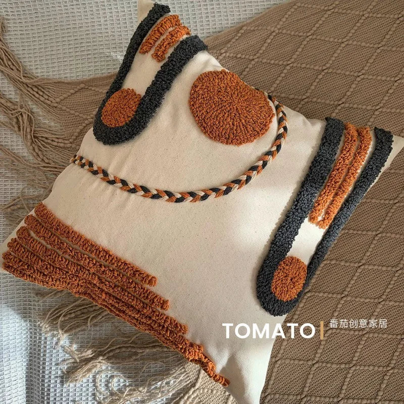 Boho Embroidered Throw Pillow Cover - Geometric Tassel Cushion Cover for Sofa, Living Room & Home Decor