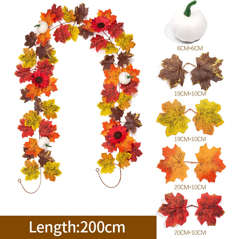 2M Artificial Maple Leaf Garland – Faux Fallen Leaves Autumn Rattan Decor for Thanksgiving, Halloween, Wedding, Christmas & Holiday Festivals