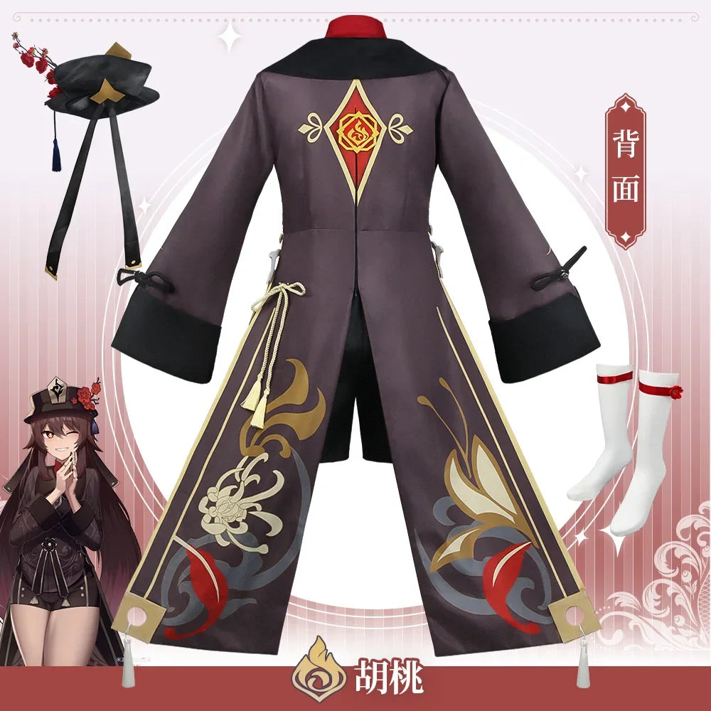 Hu Tao Cosplay Costume Uniforme, Costumes Deluxe, Robe, Chapeau, Chaussettes, Perruque, Accessoires, Bagues, Tenues Hutao