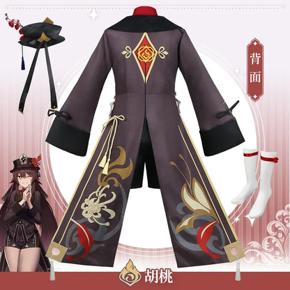 Hu Tao Cosplay Costume Uniforme, Costumes Deluxe, Robe, Chapeau, Chaussettes, Perruque, Accessoires, Bagues, Tenues Hutao