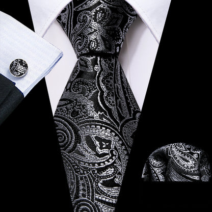 Set de corbata negra para hombre con pañuelo de bolsillo y gemelos. Corbata tejida para ocasiones formales de negocios o bodas.