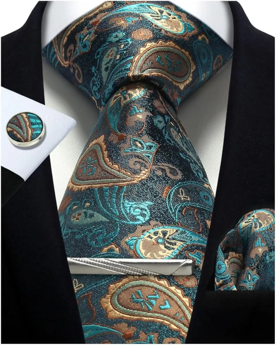Corbata de seda 100% con diseño floral de Paisley para hombre con pañuelo de bolsillo, pasador de corbata y gemelos en caja de regalo