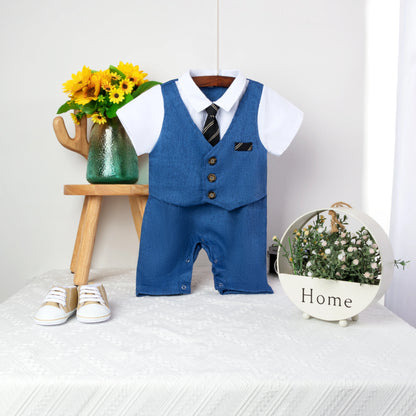 Baby Boy Gentleman Romper Set – Striped Vest Jumpsuit with Matching Tie, Formal Newborn Outfit for 3-24 Months