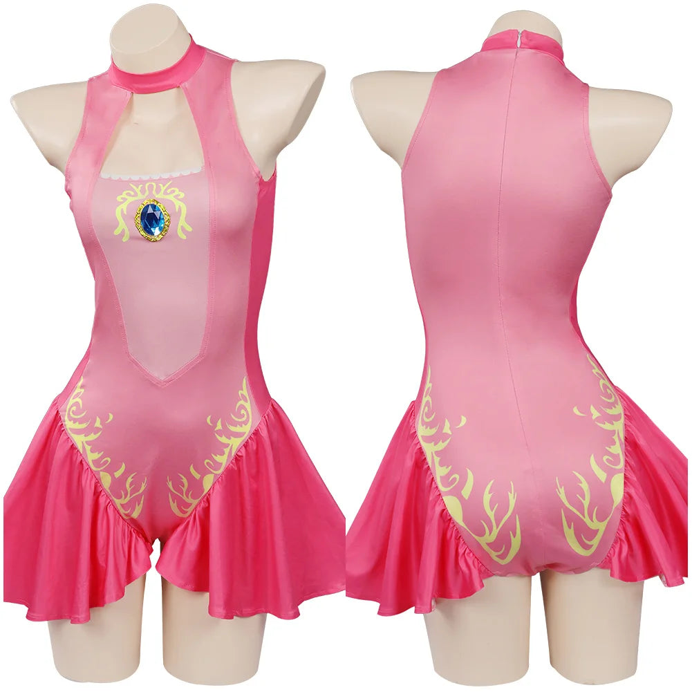 Princess Peach Cosplay Costume – Pink Fantasy Dress Set with Crown (Adult Women Halloween/Carnival Party Outfit, Includes Swimsuit Style Disguise)