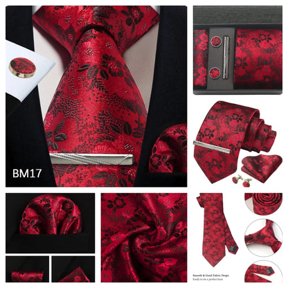 Corbata de seda 100% con diseño floral de Paisley para hombre con pañuelo de bolsillo, pasador de corbata y gemelos en caja de regalo