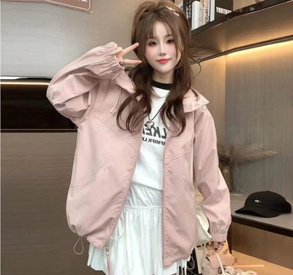 Women's Hooded Short Jacket – Double-Zipper Loose Streetwear Coat for Spring & Autumn Casual Everyday Wear