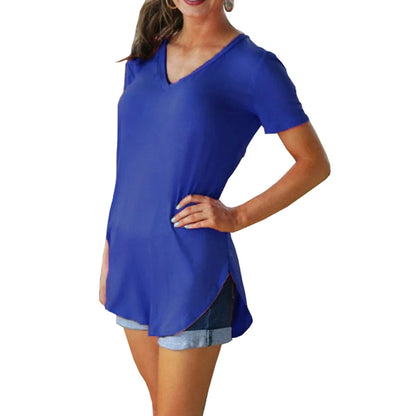 Women's Summer V-Neck Blouse – Solid Color Short-Sleeve Loose T-Shirt with Curved Hem, Casual Lightweight Top for Everyday Wear