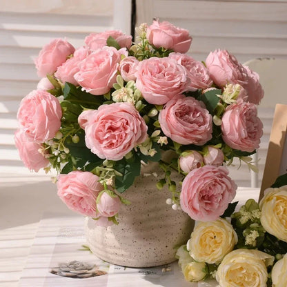 30cm Pink Silk Peony Rose Bouquet – Artificial Flower Arrangement with 5 Large Blooms & 4 Buds, Realistic Faux Floral Bouquet for Wedding, Bridal Décor, Home Decoration & DIY Crafts