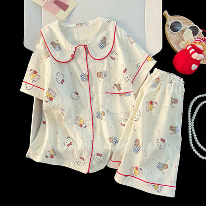 Girls Cotton Pajama Set – Soft Cloud Cotton Short Sleeve Button Front Sleepwear with Lace Trim for Summer