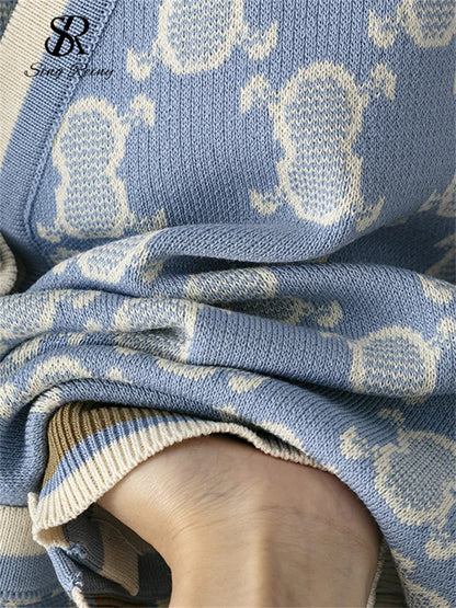 SINGREINY Conjunto de dos piezas de punto para mujer con cuello en V, top estampado de manga larga y pantalones de cintura elástica