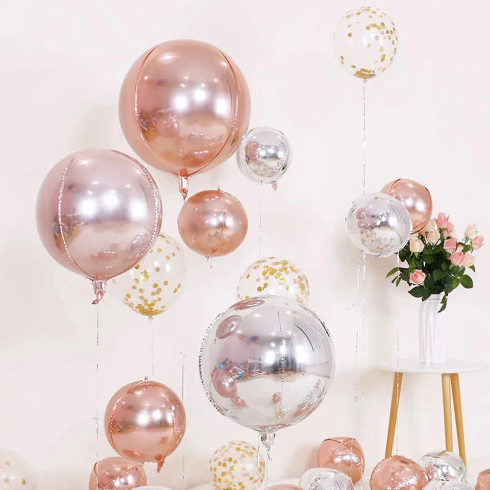 Globos metálicos redondos de aluminio 4D – Decoraciones para fiestas de cumpleaños, bodas y revelaciones de género en oro rosa y plata