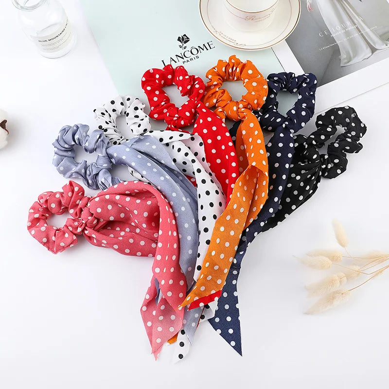Korean Dots Scrunchie Hair Tie – Long Scarf Ponytail Elastic Hair Band for Women | Sweet Fashion Hair Accessories