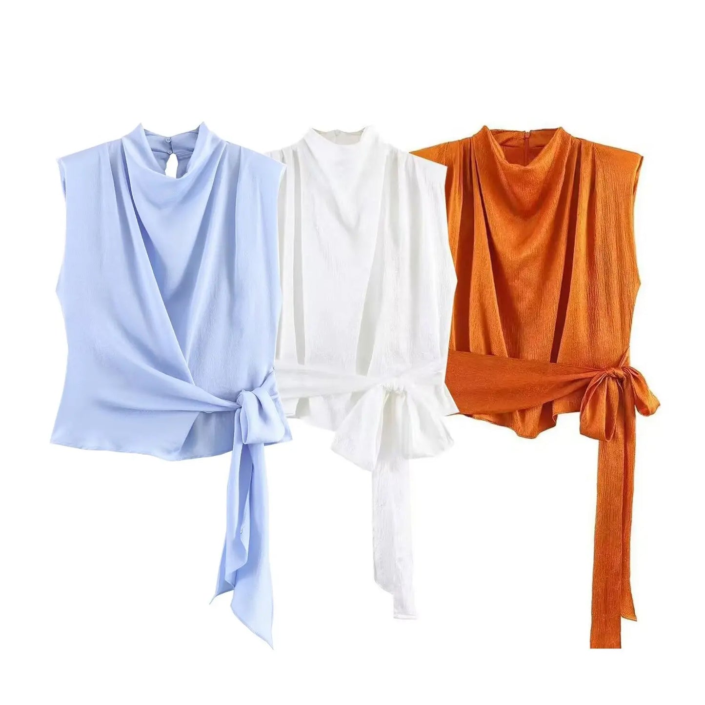 Women’s 2026 Spring Orange Sleeveless Satin Top Long Ribbon Elegant Stylish Fashion Blouse